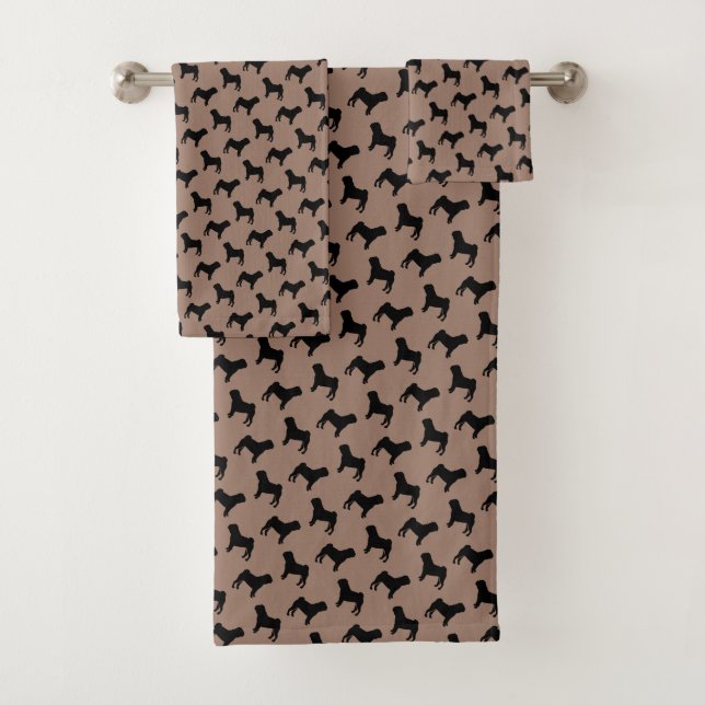 Conjunto De Toalhas Black Pug Dog Silhouttes em Khaki Beige (Insitu)
