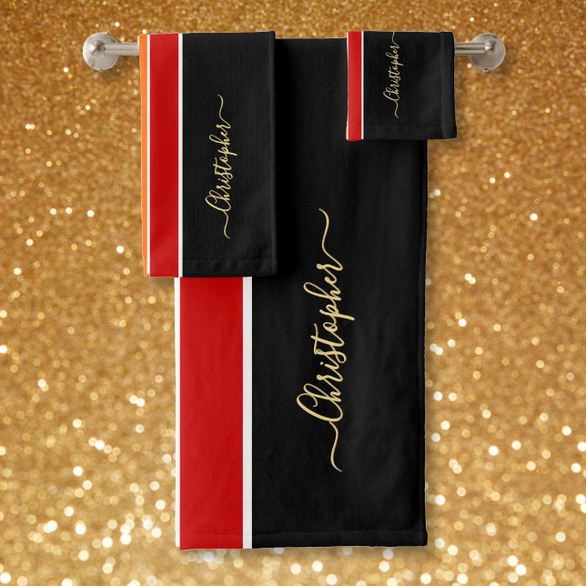 Conjunto De Toalhas Black Red Orange Racing Stripes Faux Dourado Monog (Black Red Orange Racing Stripes Faux Gold Monogram Bath Towel Set)