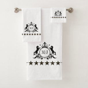 Conjunto De Toalhas Black White Scrols Crown Horses Monograma
