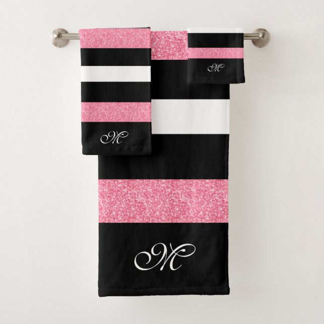 Conjunto De Toalhas Black & White Stripes Pattern Pink Stripe Accent (Insitu)