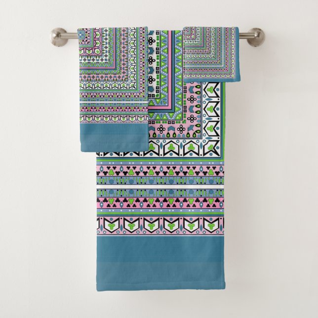 Conjunto De Toalhas Blue and green square ethnic ornament scarf (Insitu)