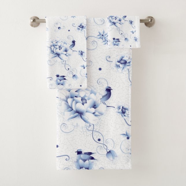 Conjunto De Toalhas Blue Bird Rosa Chinoiserie Floral (Insitu)
