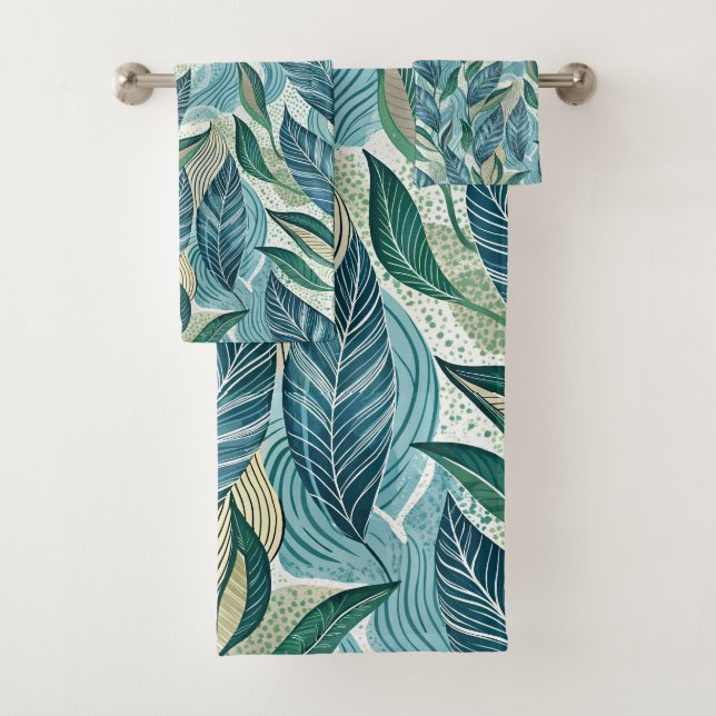 Conjunto De Toalhas Blue Botanical Wave Modern Pattern (Insitu)