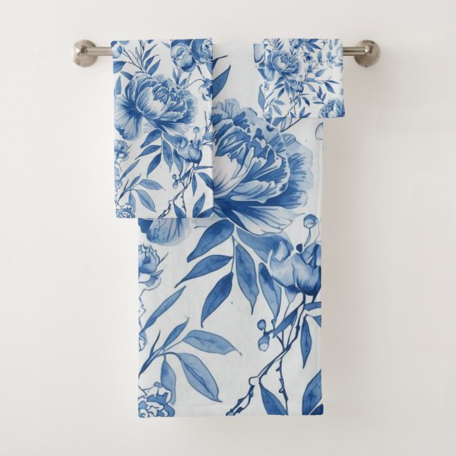 Conjunto De Toalhas Blue Chinoiserie Watercolor Floral Botanical (Insitu)