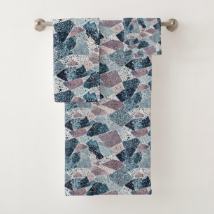 Conjunto De Toalhas Blue e Mauve Abstrato Terrazzo Design