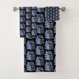 Conjunto De Toalhas Blue Floral Black Sugar Skull Day Of The Dead