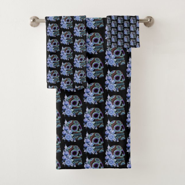 Conjunto De Toalhas Blue Floral Black Sugar Skull Day Of The Dead (Insitu)