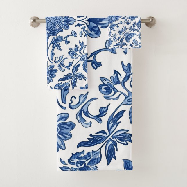 Conjunto De Toalhas Blue Floral Chinoiserie White Watercolor (Insitu)