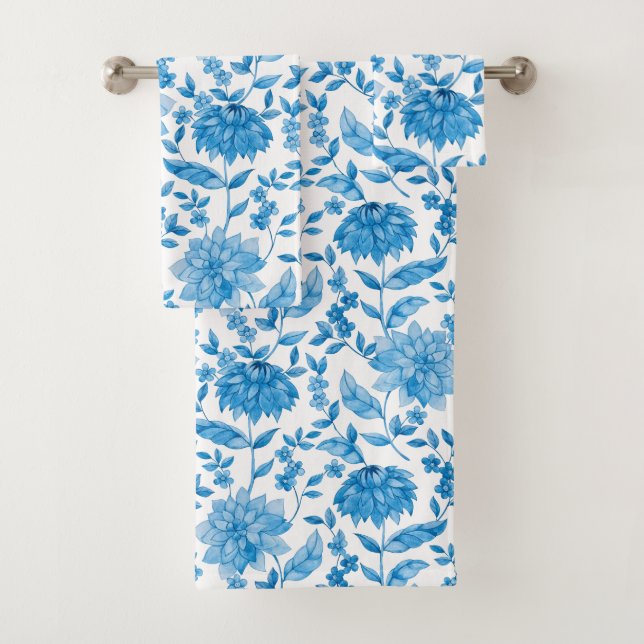 Conjunto De Toalhas Blue floral pattern towels on display (Insitu)