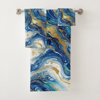Conjunto De Toalhas Blue Gold Marble Luxury Decor Fluid Art Pattern