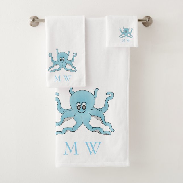 Conjunto De Toalhas Blue Octopus Design Monogrammed (Insitu)