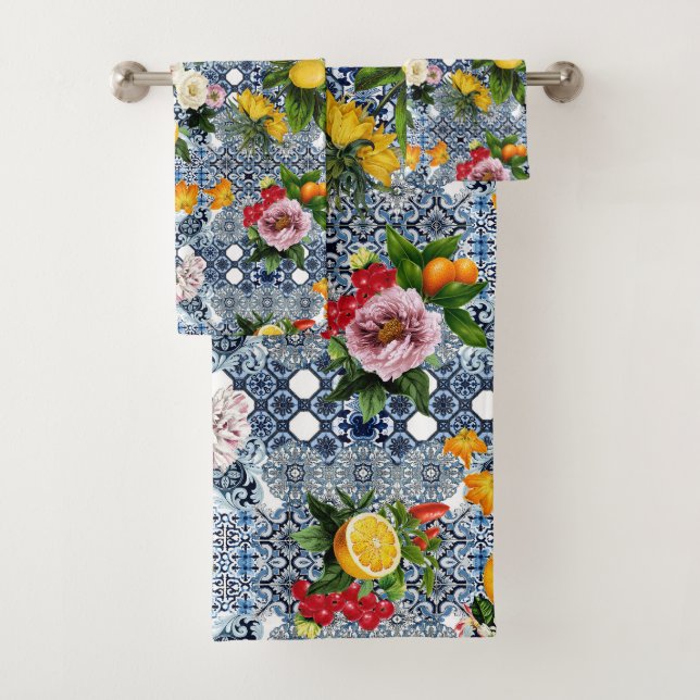 Conjunto De Toalhas Blue tiles Mediterranean Floral  (Insitu)