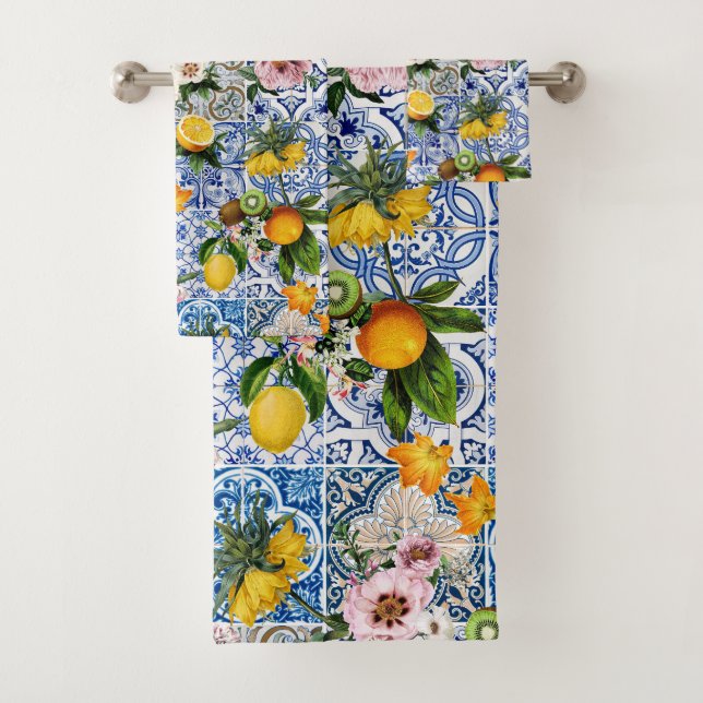 Conjunto De Toalhas Blue tiles Mediterranean Floral  (Insitu)