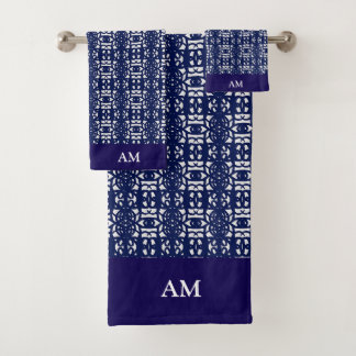 Conjunto De Toalhas Blue & White Modern Abstract Pattern and Monogram