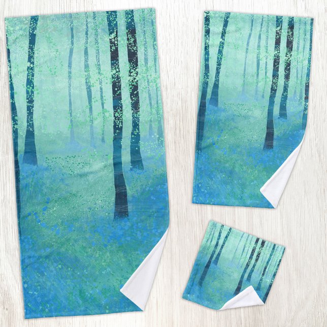 Conjunto De Toalhas Bluebell Woodland (Bluebell Woodland forest abstract blue and green landscape art bathroom towel set)