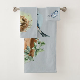 Conjunto De Toalhas Bluebird Birdhouse Nest Feather Blue e Green