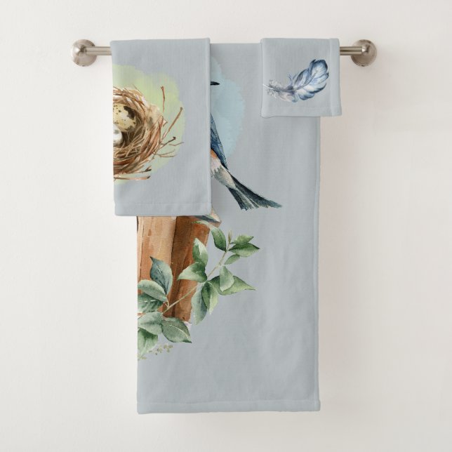 Conjunto De Toalhas Bluebird Birdhouse Nest Feather Blue e Green (Insitu)