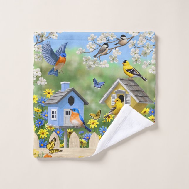 Conjunto De Toalhas Bluebird Goldfinches Birdhouses Fllower Garden (Pano de lavar)