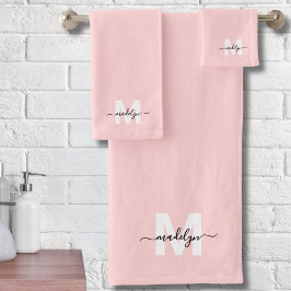 Conjunto De Toalhas Blush Rosa Elegante Script Minimo Monograma de Nom