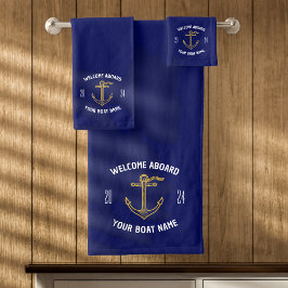 Conjunto De Toalhas Boas-vindas personalizadas Aboard Nome Marinho Azu