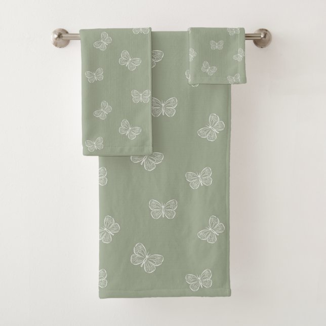 Conjunto De Toalhas Boho Butterfly Pattern Neutral Modern Sage Green (Insitu)