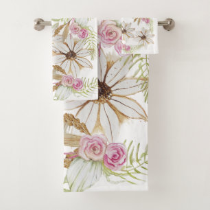 Conjunto De Toalhas Boho Cor-de-rosa Verde Castanho Branco Floral Tren