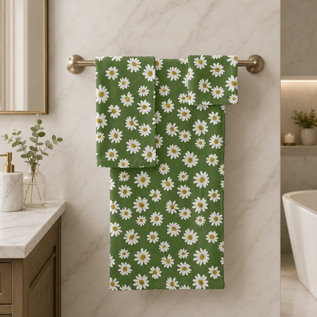 Conjunto De Toalhas Boho Daisy Padrão Floral Verde (Criador carregado)