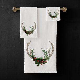 Conjunto De Toalhas Boho Deer Antlers   Floral Russo de Natal Vermelho