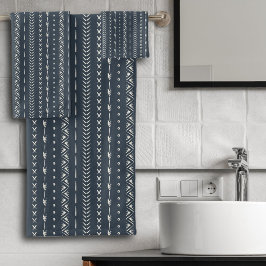 Conjunto De Toalhas Boho Farmhouse Seta Listra Geométrico Azul Escuro