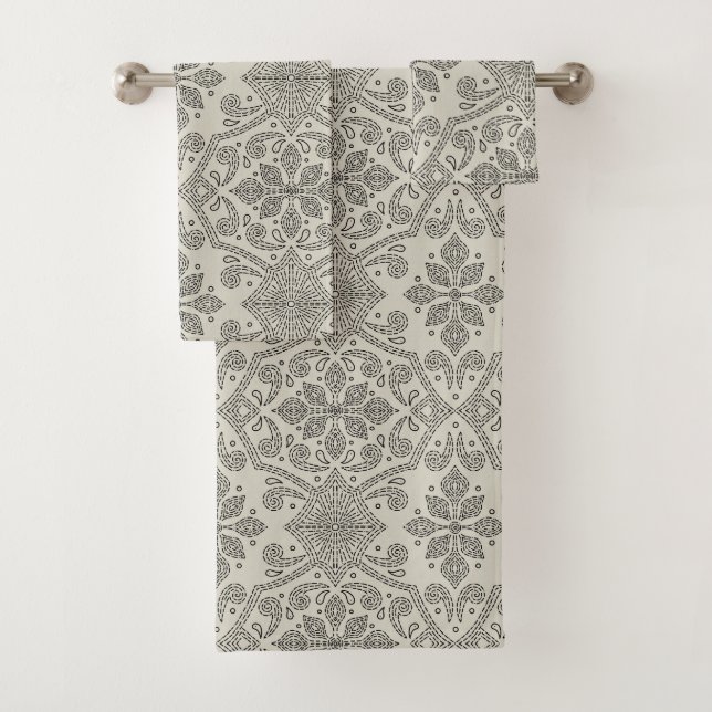 Conjunto De Toalhas Boho Floral Damask Line Art, Black on Beige (Insitu)