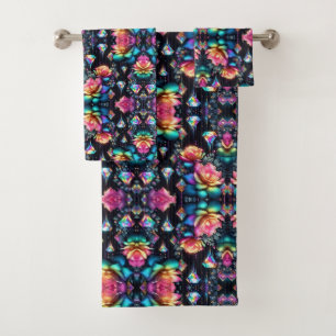 Conjunto De Toalhas Boho Floral Preto Arco-íris