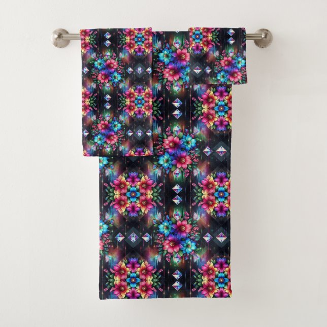 Conjunto De Toalhas Boho Floral Preto Arco-Íris (Insitu)