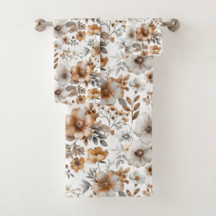 Conjunto De Toalhas Boho Marrom Bege Bege Cinza Floral Botânico Neutro