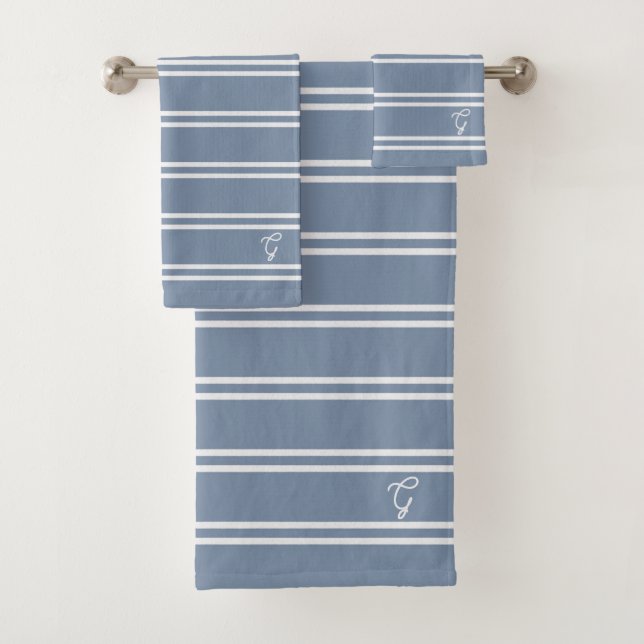 Conjunto De Toalhas Boho Modern Monogrammed Name Striped Coastal Blue (Insitu)