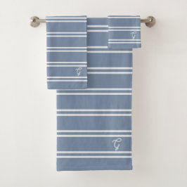 Conjunto De Toalhas Boho Moderno Monograma Nome Listrado Azul Costeiro