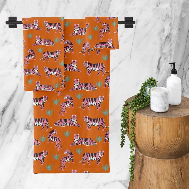 Conjunto De Toalhas Boho Orange Pink Jungle Tigers (Boho Orange Pink Jungle Tigers Bath Towel Set)