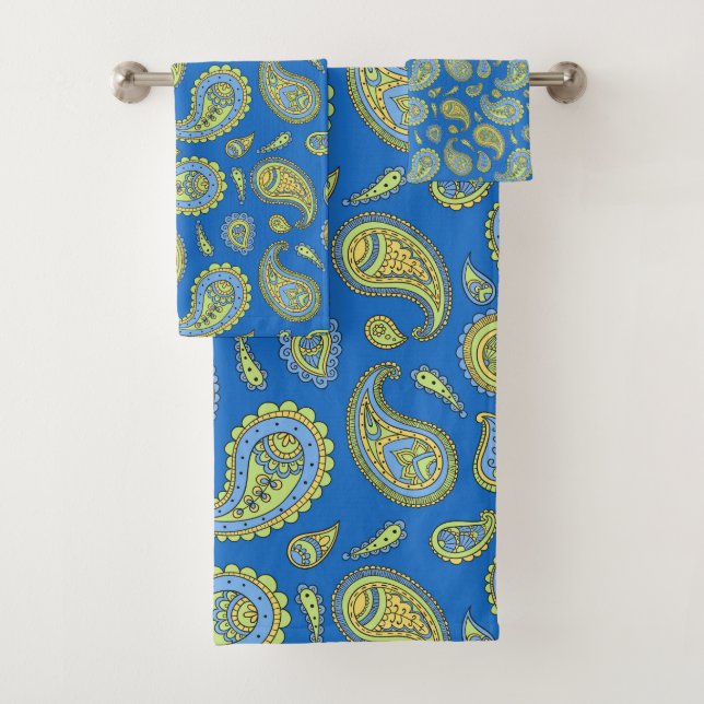 Conjunto De Toalhas Boho Paisley Pattern Cerulean Blue & Yellow Green (Insitu)