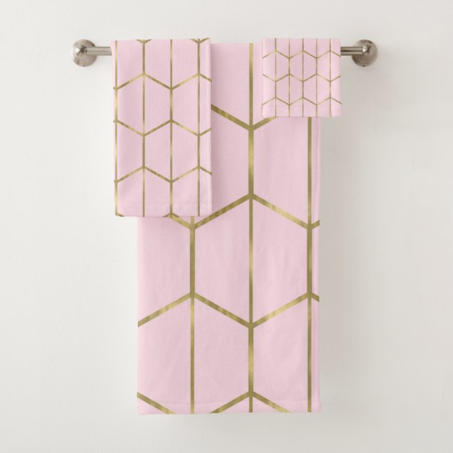 Conjunto De Toalhas Boho Rosa Hexágono Dourado e Geométrico Glam (Insitu)