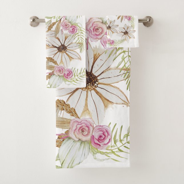 Conjunto De Toalhas Boho Rosa Verde Branco Marrom Floral Elegante Tend (Insitu)