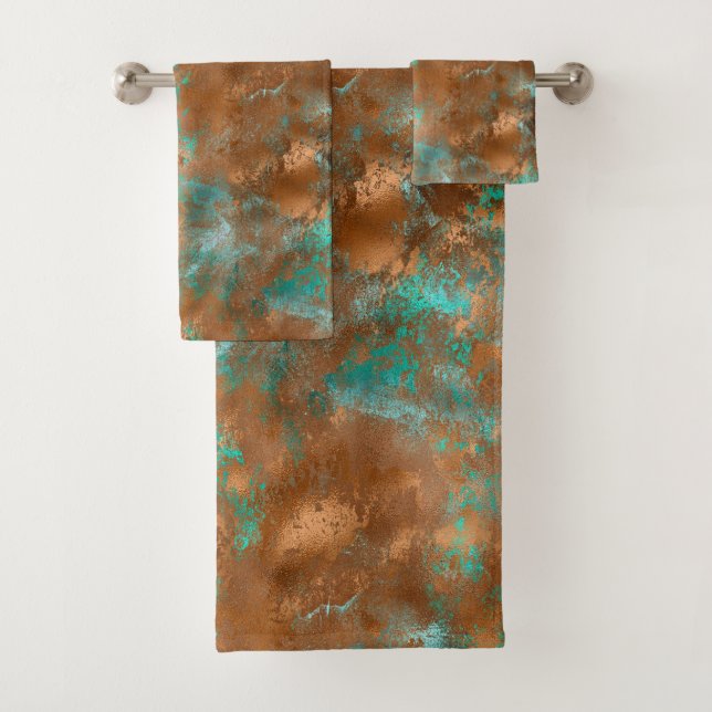Conjunto De Toalhas Boho Teal Copper Grunge (Insitu)