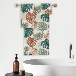 Conjunto De Toalhas Boho Tropical Leaves Padrão Rust Beige Verde