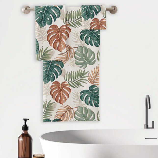 Conjunto De Toalhas Boho Tropical Leaves Pattern Rust Green Beige (Criador carregado)