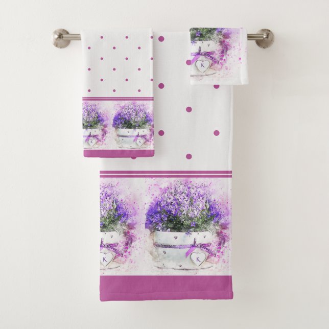 Conjunto De Toalhas Bolinhas Floral de Lavanda Rosa Monogramada (Insitu)