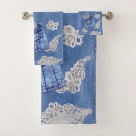 Conjunto De Toalhas Bolsos de Denim Jean, Kittens e Padrão de Repetiçã