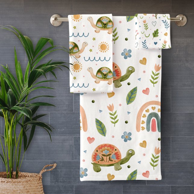 Conjunto De Toalhas Bonito Aquarela Tartaruga e Padrão Arco-Íris (Criador carregado)