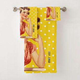 Conjunto De Toalhas Bonito dama em 1950 Colorido Amarelo Vintage