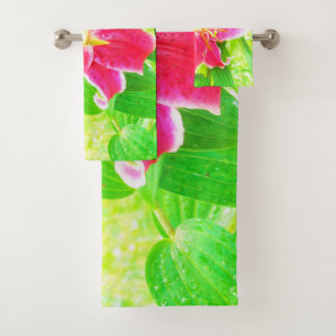 Conjunto De Toalhas Bonito Stargazer Rosa Profundo Lily no Verde limão