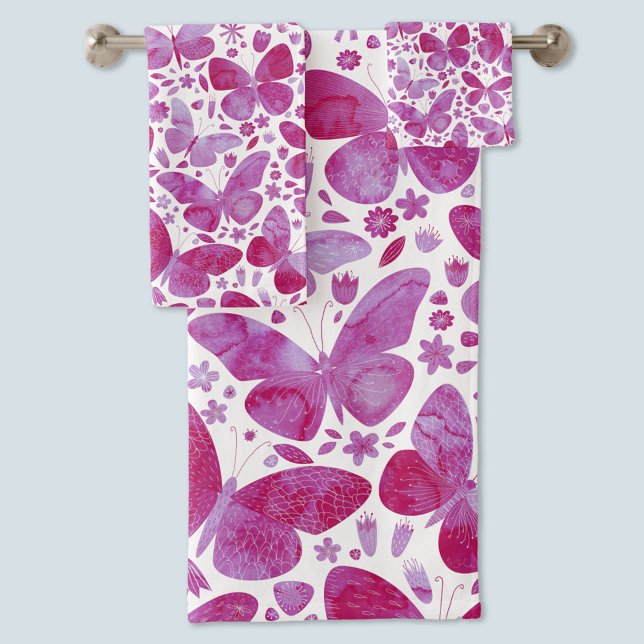 Conjunto De Toalhas Borboleta Aquarela Rosa (Magenta pink watercolor butterfly pattern bath and hand towel set)