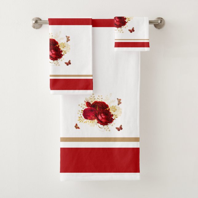 Conjunto De Toalhas Borboleta de Rosas vermelhas Elegante Dourada (Insitu)