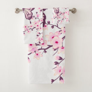 Conjunto De Toalhas Borboleta E Flor De Cereja Cor-De-Rosa